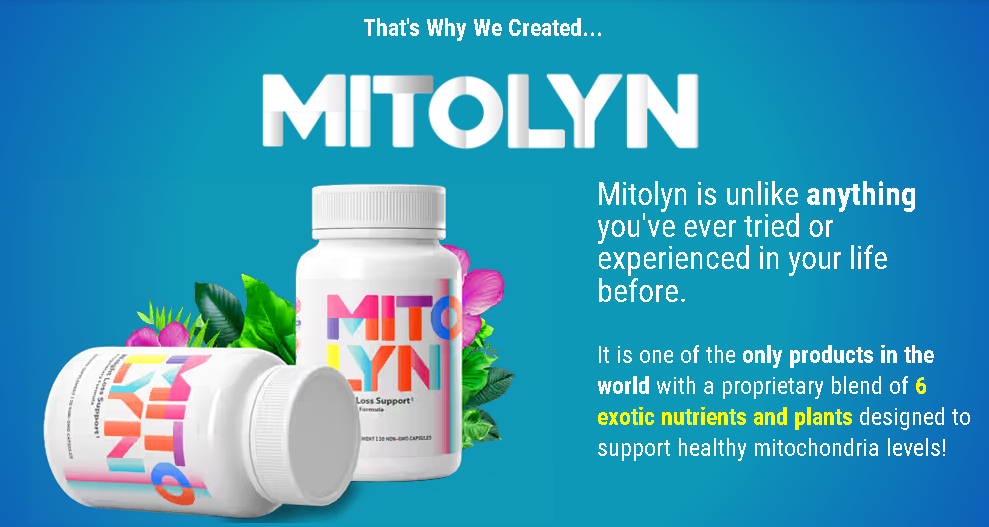 Bottle of Mitolyn dietary supplement with clean white and blue label, emphasizing mitochondrial support and energy enhancement.