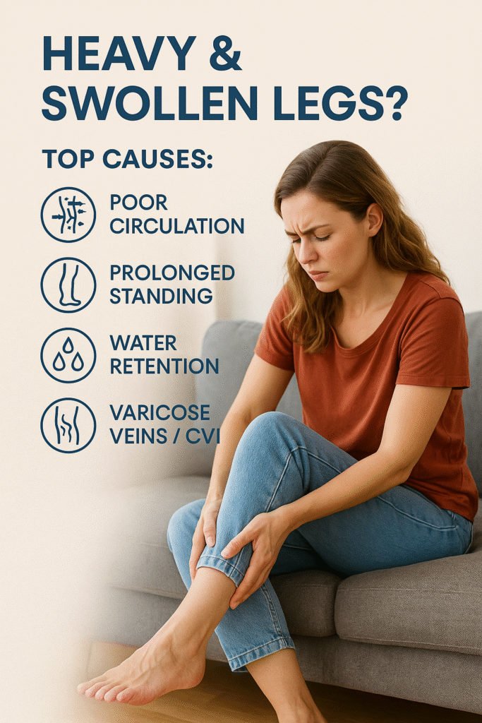 Medical-style infographic explaining what varicose veins are, including causes, risk factors, common symptoms, and treatment options, with clear icons and soft color palette for easy understanding.
