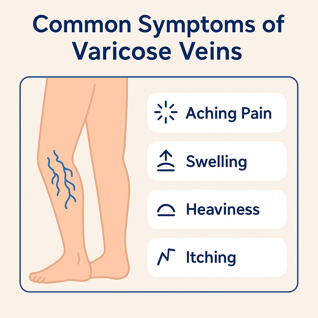 Flat-style chart titled 'Common Symptoms of Varicose Veins' featuring illustrated icons and labels for leg pain, swelling, itching, heaviness, and visible twisted veins, designed to visually support educational health content