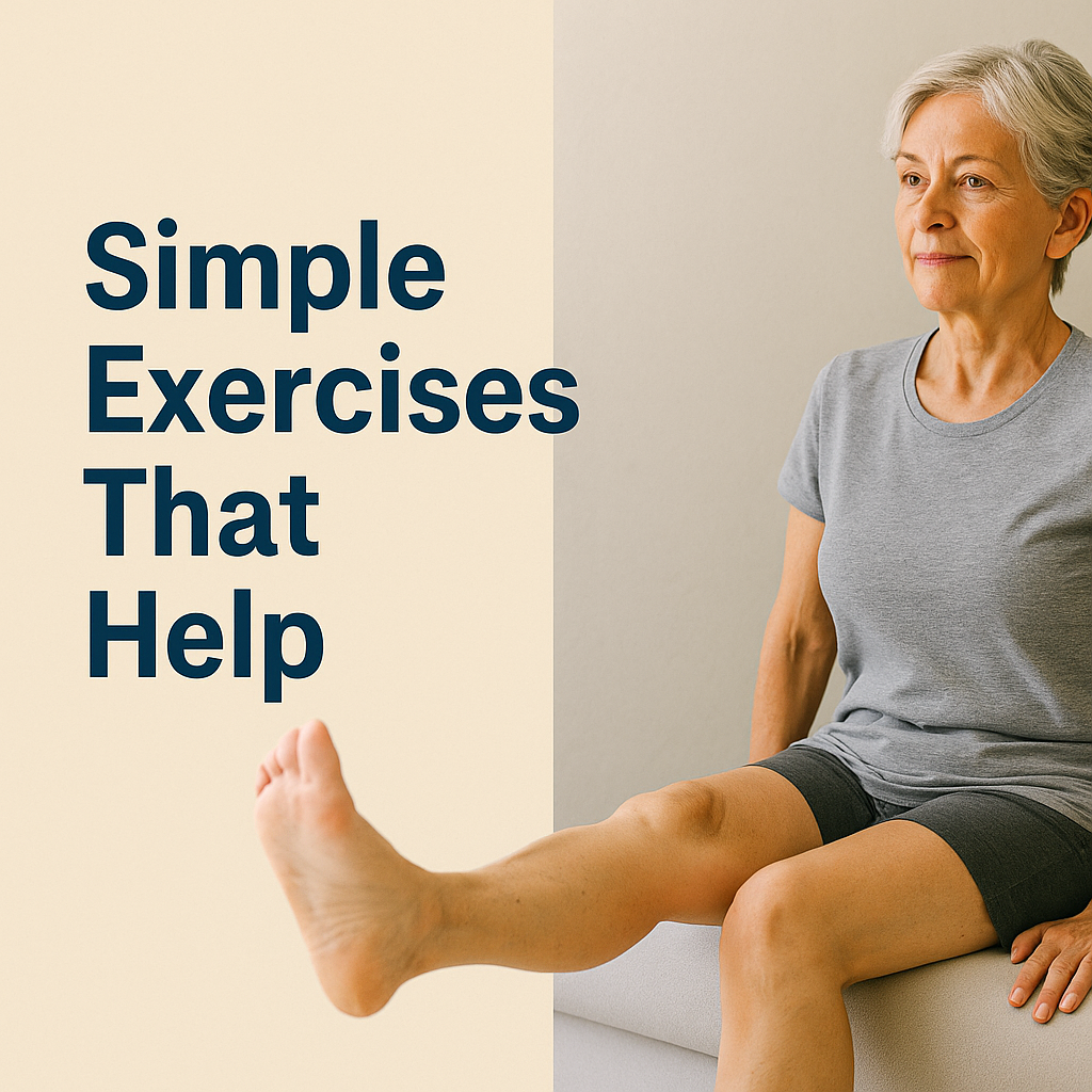 Visual guide showing a light leg-elevation exercise as a simple solution to relieve leg heaviness and improve circulation.