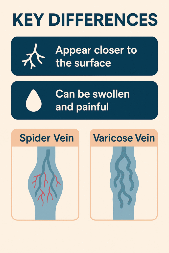 Close-up of spider veins on the surface of a woman's leg, showing red and purple thread-like patterns.