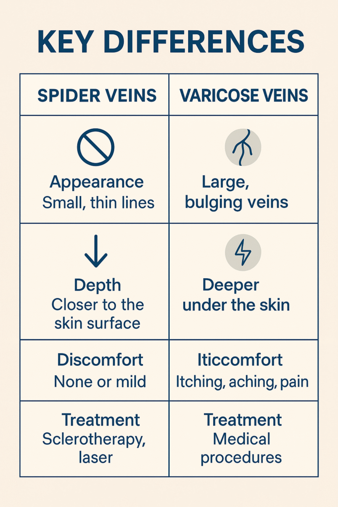 Infographic table comparing features of spider veins and varicose veins with visual icons for size, pain, and symptoms.