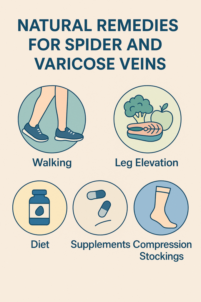 Illustrated guide showing natural remedies like walking, elevating legs, healthy diet, and vein-support supplements.