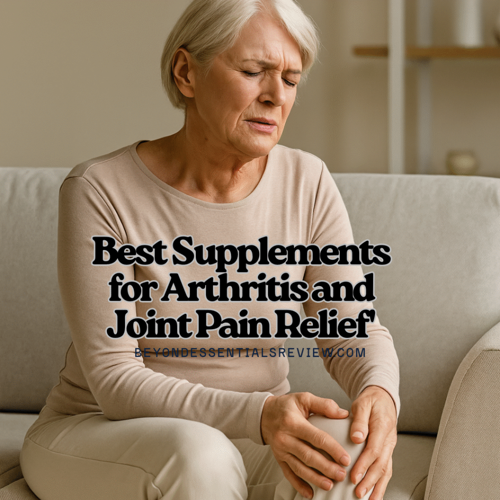 A middle-aged woman sitting comfortably, smiling and holding a bottle of joint supplements, with the text “Best Supplements for Arthritis and Joint Pain Relief” overlaid on the image.