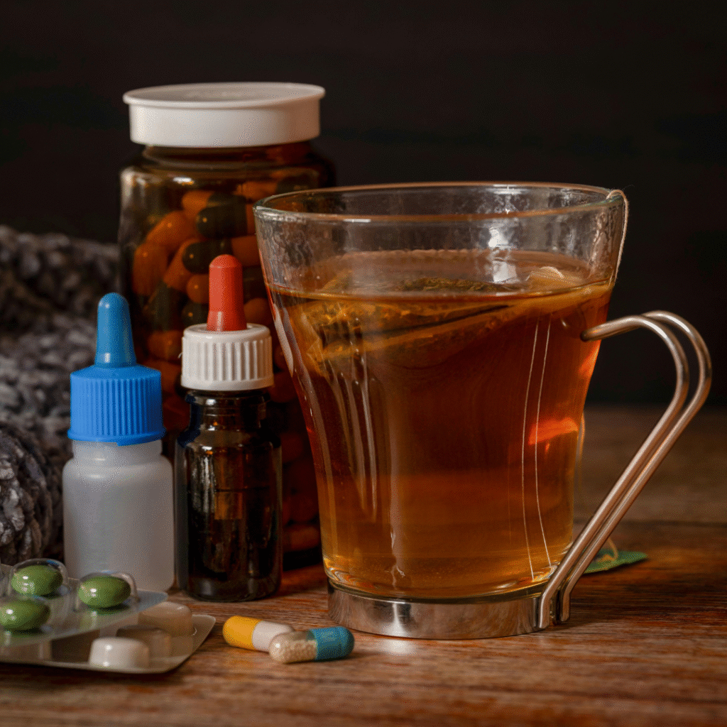 supplement capsules and a cup of tea