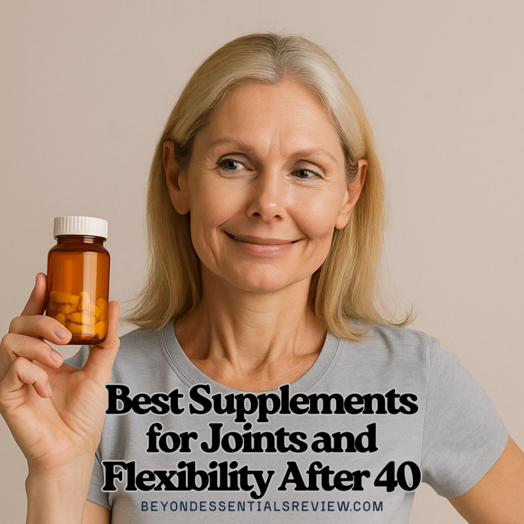 Middle-aged woman holding a supplement bottle and stretching outdoors, symbolizing joint support and flexibility after age 40.