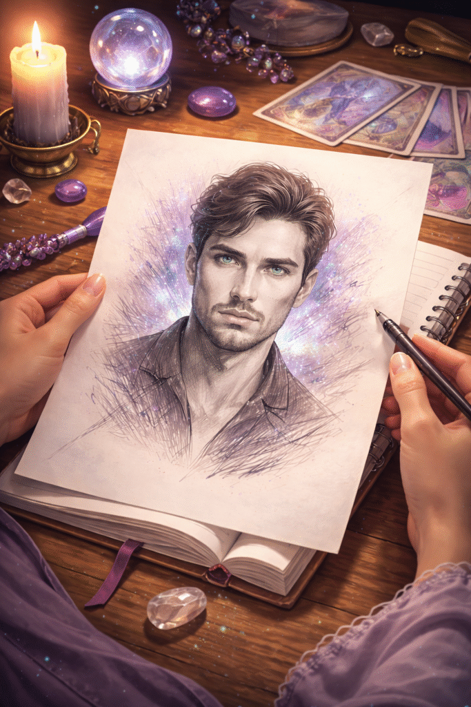 psychic soulmate drawing sketch on table with tarot cards crystal ball and candles