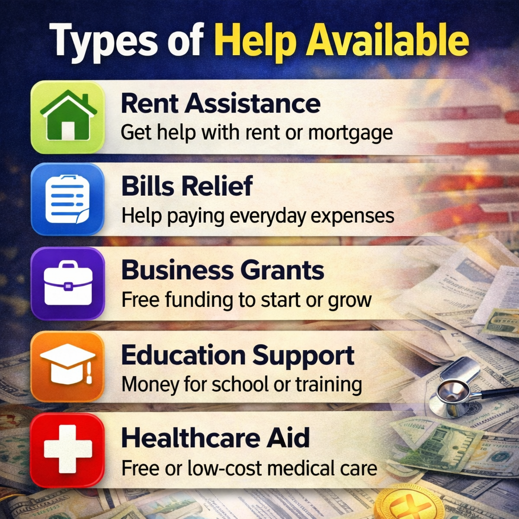types of financial help available in the USA rent assistance bills relief grants healthcare support